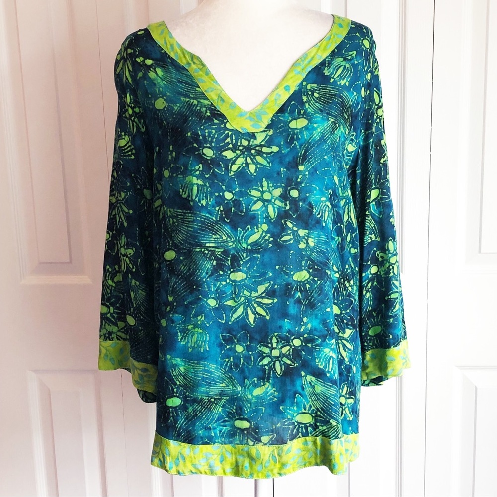 Soft Surroundings Blue & Lime Green Boho Floral Batik Print Tunic PM